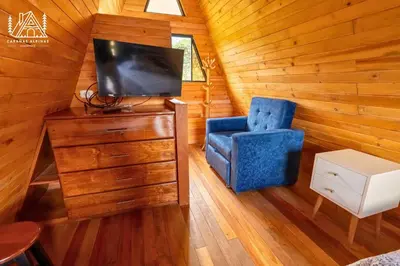 a room with a tv and a blue chair at Cabañas Alpinas en Oxapampa in Oxapampa