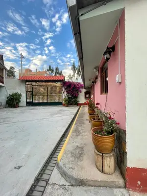 a pink building with a row of potted plants at Mi Pueblito Lodge in Huancayo