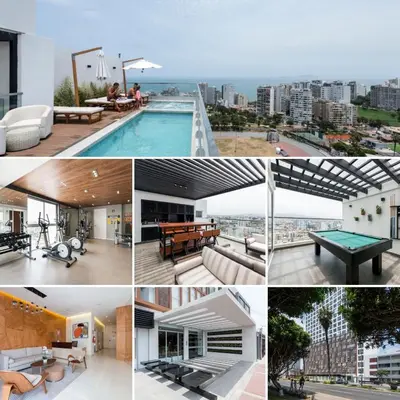 a collage of photos of buildings and a pool at Chic & Ocean View Apartment in Lima