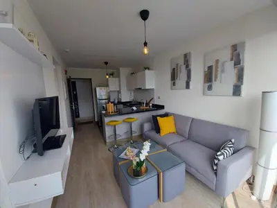 a living room with a couch and a tv at Chic & Ocean View Apartment in Lima