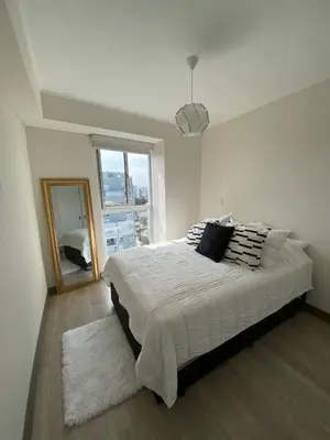 a bedroom with a large bed and a mirror at Chic & Ocean View Apartment in Lima