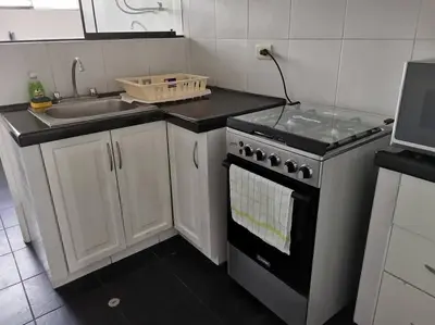 a small kitchen with a stove and a sink at Espacio Luxury Apartments Malecón 2 in Lima