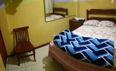 a bedroom with a bed and a chair and a mirror at Hostal Jovita in Lima