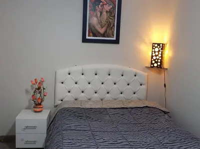 a bedroom with a bed and a lamp and a picture at Lugar encantador frente al mar con tina o jacuzzi in Lima