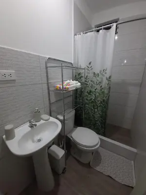 a bathroom with a toilet and a sink and a shower at Tranquilidad y Sol in Cieneguilla
