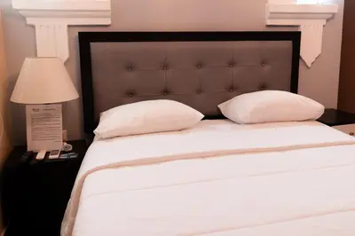 a bed with two white pillows and a headboard at Macacona Hacienda Hotel in Ica