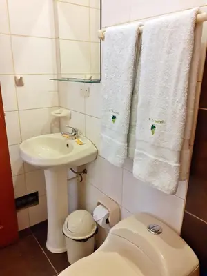 a bathroom with a sink and a toilet and towels at Hotel Torontel in Ica