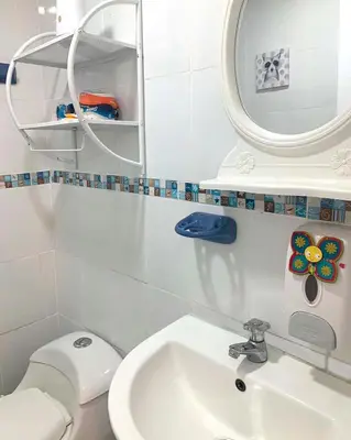 a bathroom with a sink and a mirror and a toilet at Pershing lindo dpto amoblado 2dorm y wifi in Lima