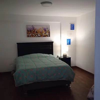 a bedroom with a bed and a painting on the wall at DEPARTAMENTO RECAVARREN (SURQUILLO/MIRAFLORES) in Lima