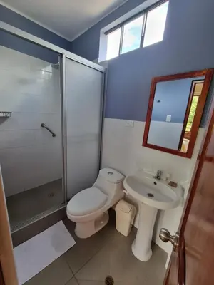 a bathroom with a toilet and a shower and a sink at Pampa Bella Lodge in La Merced