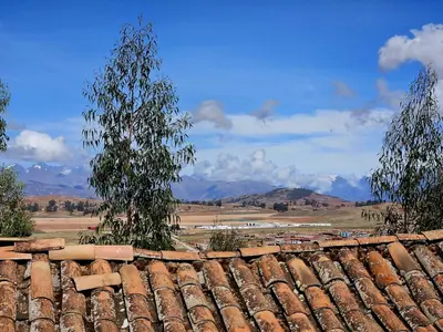 a roof of a house with two trees in the background at KanchayKillaWasi in Chinchero