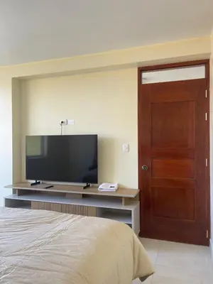 a bedroom with a bed and a tv and a door at Casa Galarza in Huancayo