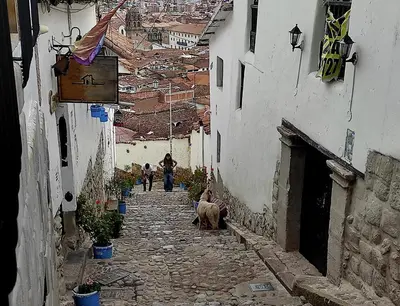 an alley with a group of people and animals on the street at Eco Home View - Guest House in Cusco