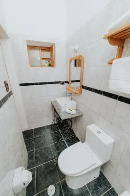 a bathroom with a white toilet and a sink at Hotel Vallehermoso in Cotahuasi