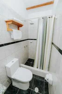 a white bathroom with a toilet and a shower at Hotel Vallehermoso in Cotahuasi