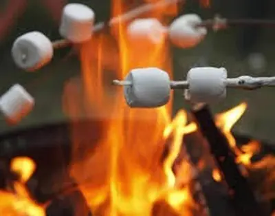a pair of roasting marshmallows over a fire at Country House In Asia in Asia