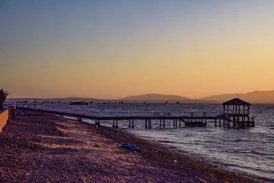a beach with a pier and a gazebo in the water at Casa de playa: Disfruta de grandes momentos y del sol todo el año en Paracas in Paracas