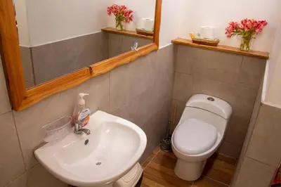 a bathroom with a sink and a toilet and a mirror at Santo Domingo in Ayacucho
