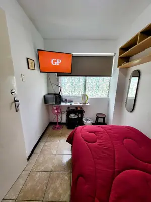 a bedroom with a red bed in a room at Private Cozy room with batroom in Miraflores in Lima