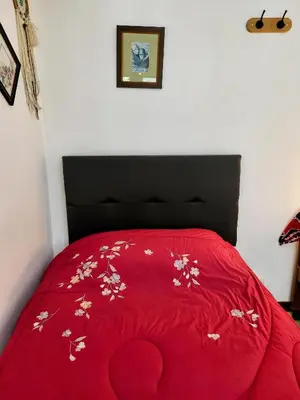 a red bed with a red comforter with flowers on it at Private Cozy room with batroom in Miraflores in Lima