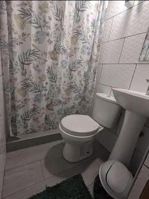 a bathroom with a toilet and a sink and a shower curtain at Fachwerkhaus zum Hirsch in Oxapampa
