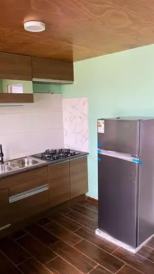 a kitchen with a stainless steel refrigerator and a sink at AMAY in Asia