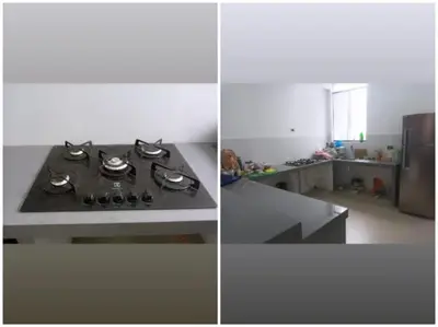 two images of a kitchen with a stove top oven at CASITA PARA FIN DE SEMANA in Rancho Cesar