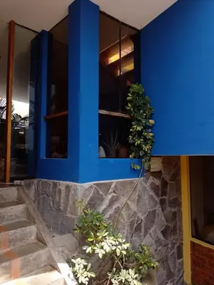 a house with blue walls and some plants at Arica Surf & Beach House in Arica