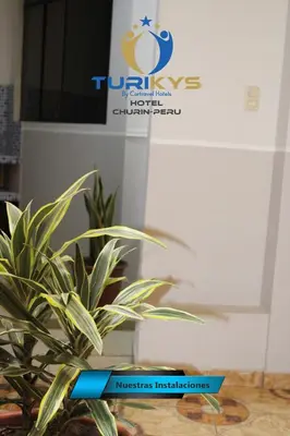 a plant sitting on a table in front of a sign at Hotel Turikys Churin in Churín