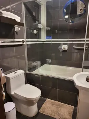 a bathroom with a toilet and a shower and a sink at Hotel Punta Rocas - Huacho in Huacho