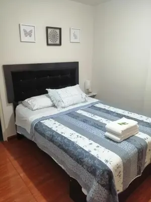 a bedroom with a large bed with two pillows on it at Lopez House in Lima