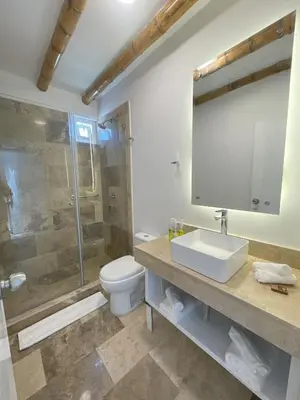 a bathroom with a toilet and a sink and a shower at Atoq Paracas Reserva in Paracas