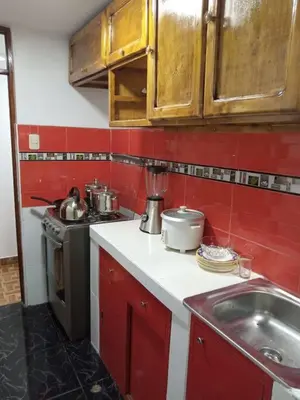 a kitchen with a sink and a stove and red walls at Hospedaje Mary House - En el corazón del Cusco in Cusco