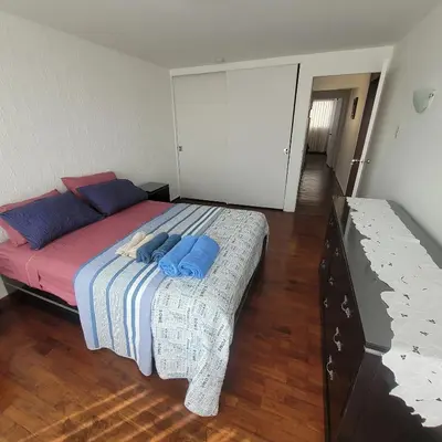 a bedroom with a large bed with blue pillows on it at The Guest House 1 at the booming center of Miraflores, Lima - Peru in Lima