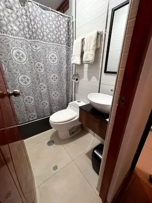 a bathroom with a toilet and a sink and a shower at EL GRAN SEÑORIAL in Jauja