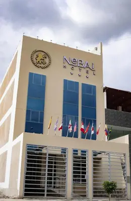 a nigerian hotel with flags in front of it at Hotel Nebai in Ica