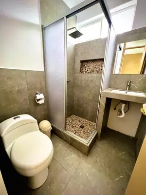 a bathroom with a shower and a toilet and a sink at Colina Haus, casa vacacional Oxa in Oxapampa